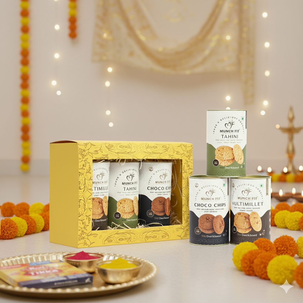 Munchfit Healthy Cookies Gift Hamper for Bhai Dooj with Tikka Pack | Cookies of 3 Varieties | Choco Chip, Multi Millet & Tahini Cookies | Perfect Bhai Dooj Gift for your Brother Sister | 1x125g each
