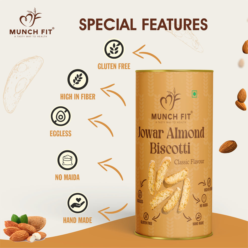 
                  
                    Munchfit Jowar Almond Biscotti (Classic) | Healthy, Gluten-Free, Eggless & Hand-Made Cookies | High Fiber, No Maida | Perfect Tea-Time Snack for All Ages | Pack of 2x100g
                  
                