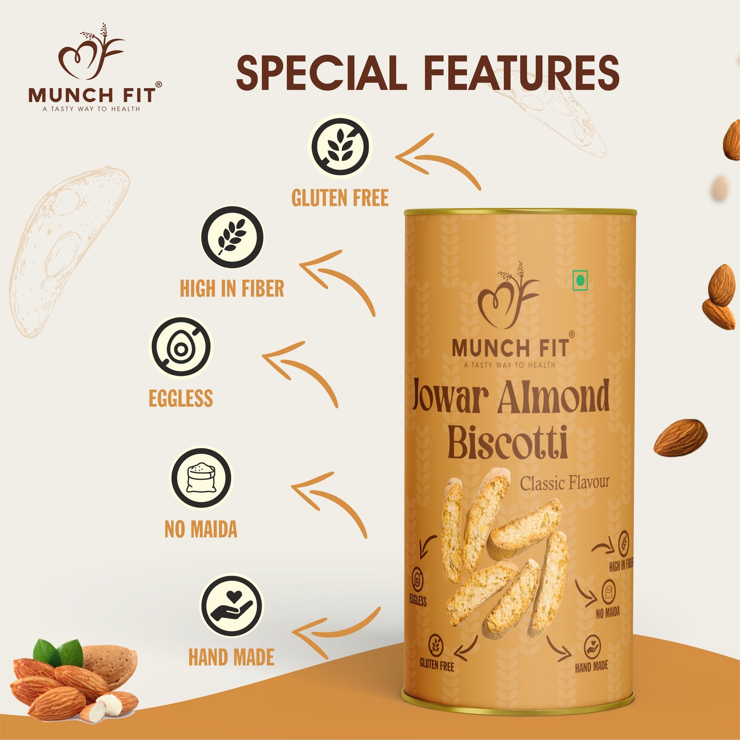 
                  
                    Munchfit Jowar Almond Biscotti (Classic) | Healthy, Gluten-Free, Eggless & Hand-Made Cookies | High Fiber, No Maida | Perfect Tea-Time Snack for All Ages | Pack of 2x100g
                  
                