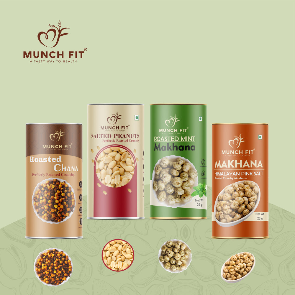 Desi Roasted Chana 1x75g, Salted Peanuts 1x75g, Himalyan Salt Makhna 1x20g, Roasted Mint (Pudina) 1x20g Packs