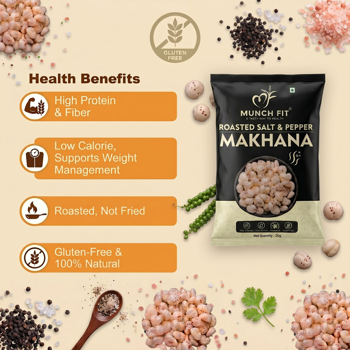 
                  
                    Munch Fit Salt & Pepper Makhana (Pack of 3) | Roasted Fox Nuts Healthy Snack | High Protein, High Fibre, Low Calorie | Gluten Free, No Preservatives | Bold Classic Salt & Pepper Flavor | Diet & Weight Management Snack
                  
                