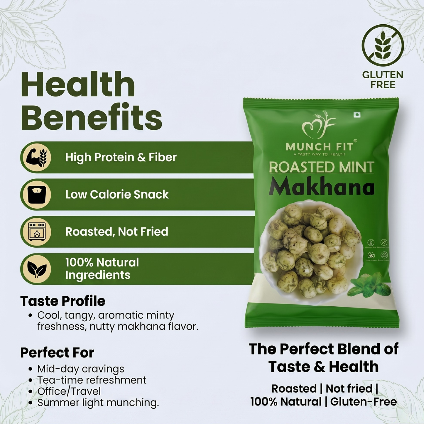 
                  
                    Munch Fit Pudina Makhana (Pack of 3) | Roasted Fox Nuts Healthy Snack | Refreshing Minty Pudina Flavor | High Protein, High Fibre, Low Calorie | Gluten-Free, No Preservatives | Light Crunchy Mint Snack | Diet & Weight Management Snack
                  
                