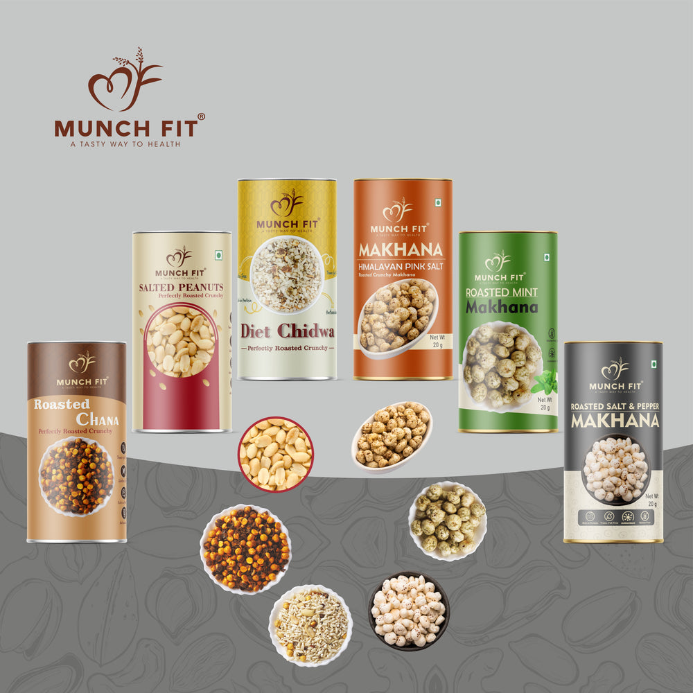 Snacks Combo Desi Roasted Chana 1x75g, Salted Peanuts 1x75g, Roasted Diet Chiwda 1x50g, Himalyan Pink Salt Makhna 1x20g,  Salt & Pepper Makhna 1x20g, Mint Makhana 1x20g Pack