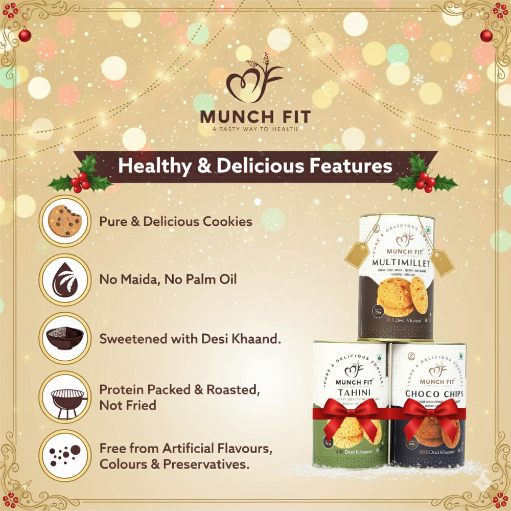 
                  
                    Munchfit Healthy Cookies Gift Hamper for Bhai Dooj with Tikka Pack | Cookies of 3 Varieties | Choco Chip, Multi Millet & Tahini Cookies | Perfect Bhai Dooj Gift for your Brother Sister | 1x125g each
                  
                