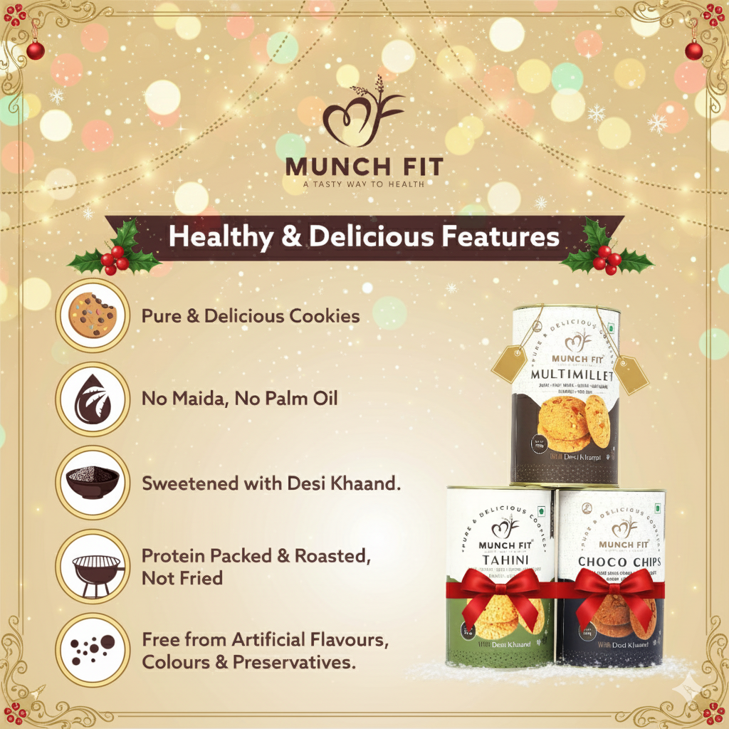 
                  
                    Munchfit Healthy Cookies Gift Hamper for Bhai Dooj with Tikka Pack | Cookies of 3 Varieties | Choco Chip, Multi Millet & Tahini Cookies | Perfect Bhai Dooj Gift for your Brother Sister | 1x125g each
                  
                