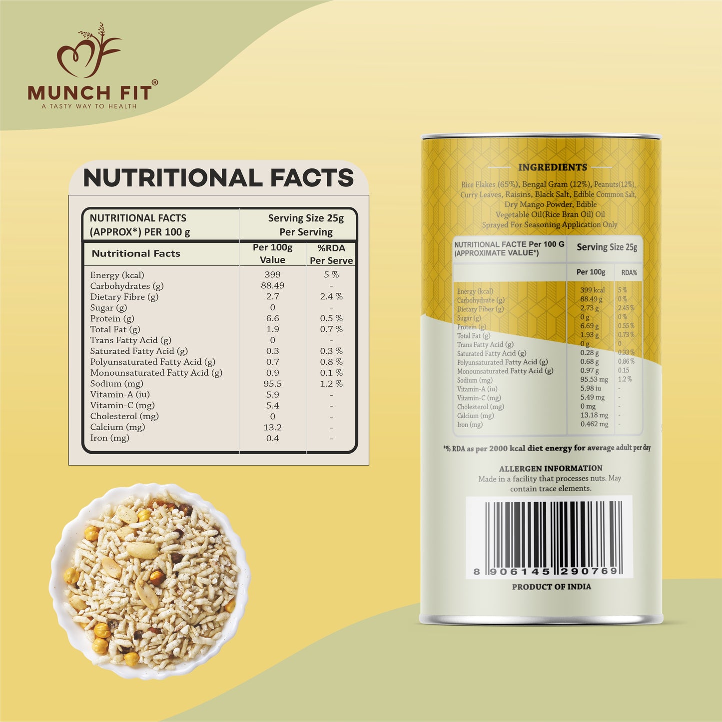 
                  
                    MunchFit Diet Chidwa | | Guilt-Free Roasted Chiwda with Rice Flakes, Bengal Gram & Peanuts | Crunchy Healthy Namkeen | Gluten-Free, Oil-Free, High Protein Snack for All Ages, Pack of 3x50g
                  
                