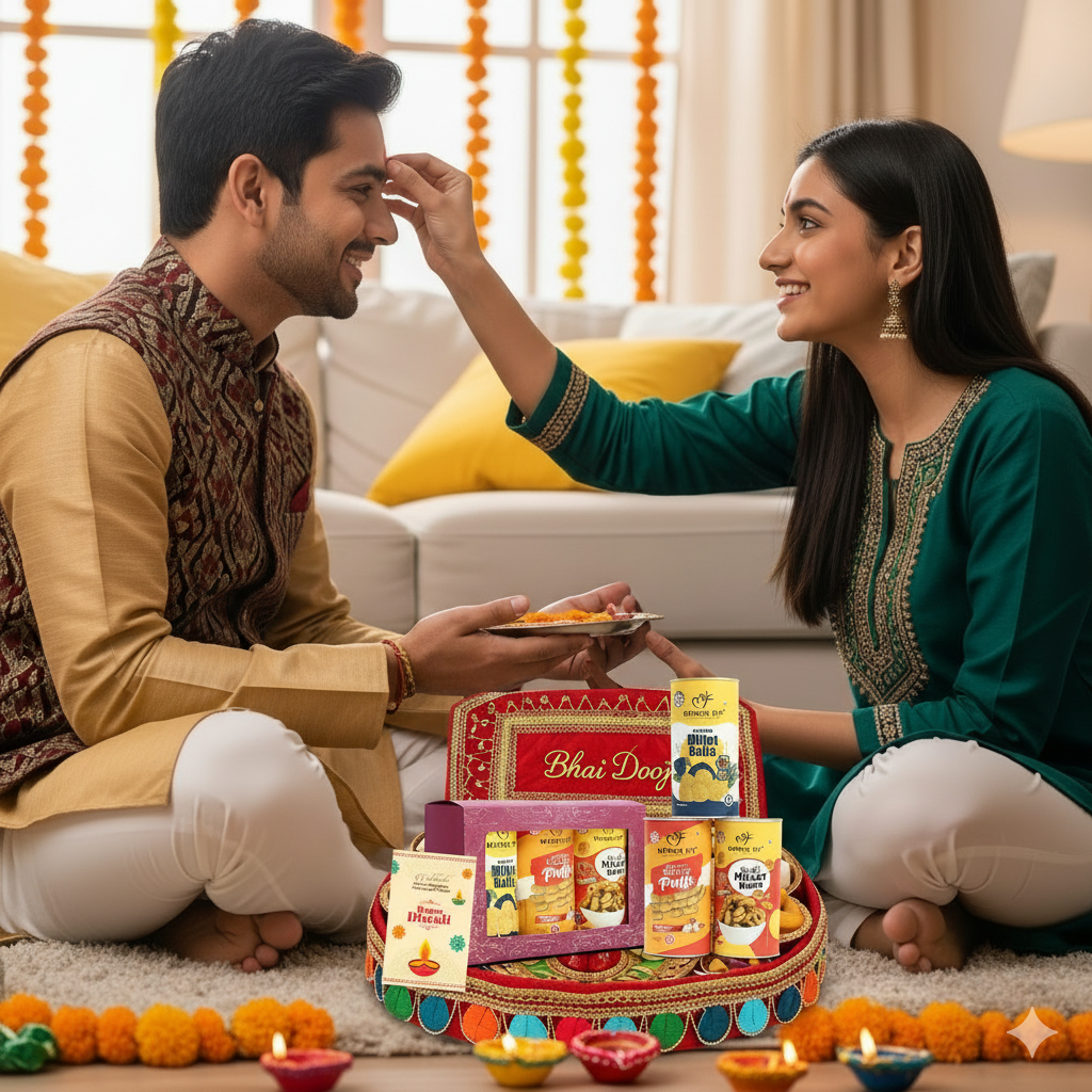 
                  
                    Munchfit Healthy Bhai Dooj Gift Hamper with Roli Tikka Pack |Combo of 3 Varieties of Tasty Snacks & Puffs |Magic Masala, Chilli Garlic, Tangy Tomato | Bhai Duj Gift Hamper for your brother |1x30g each
                  
                
