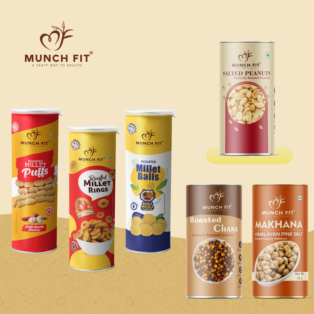 Millet & Savory Mix Combo Magic Masala 1x30g, Chilli Garlic 1x30g, Tangy Tomato 1x30g, Roasted Chana 1x75g Salted Peanuts 1x75g, Himalayan Salt Makhna 1x20g Pack