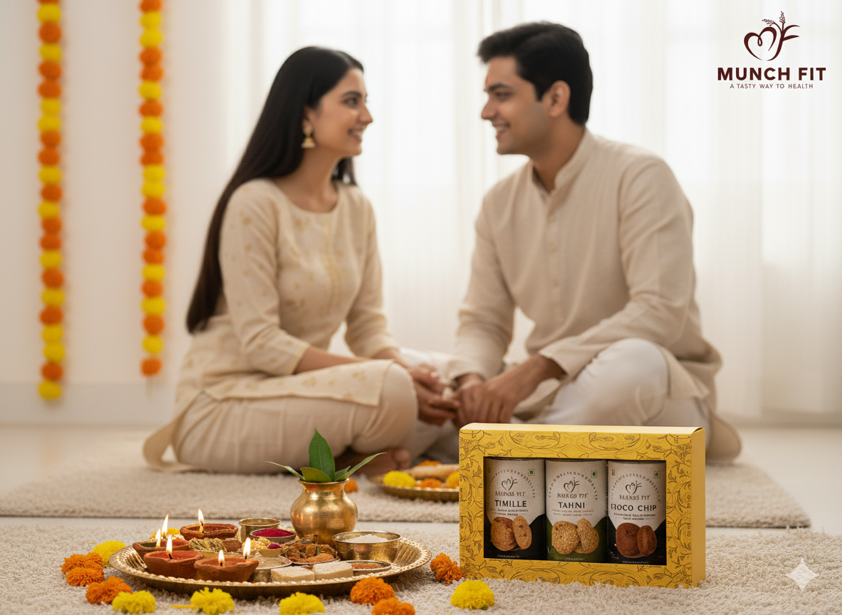 
                  
                    Munchfit Healthy Cookies Gift Hamper for Bhai Dooj with Tikka Pack | Cookies of 3 Varieties | Choco Chip, Multi Millet & Tahini Cookies | Perfect Bhai Dooj Gift for your Brother Sister | 1x125g each
                  
                