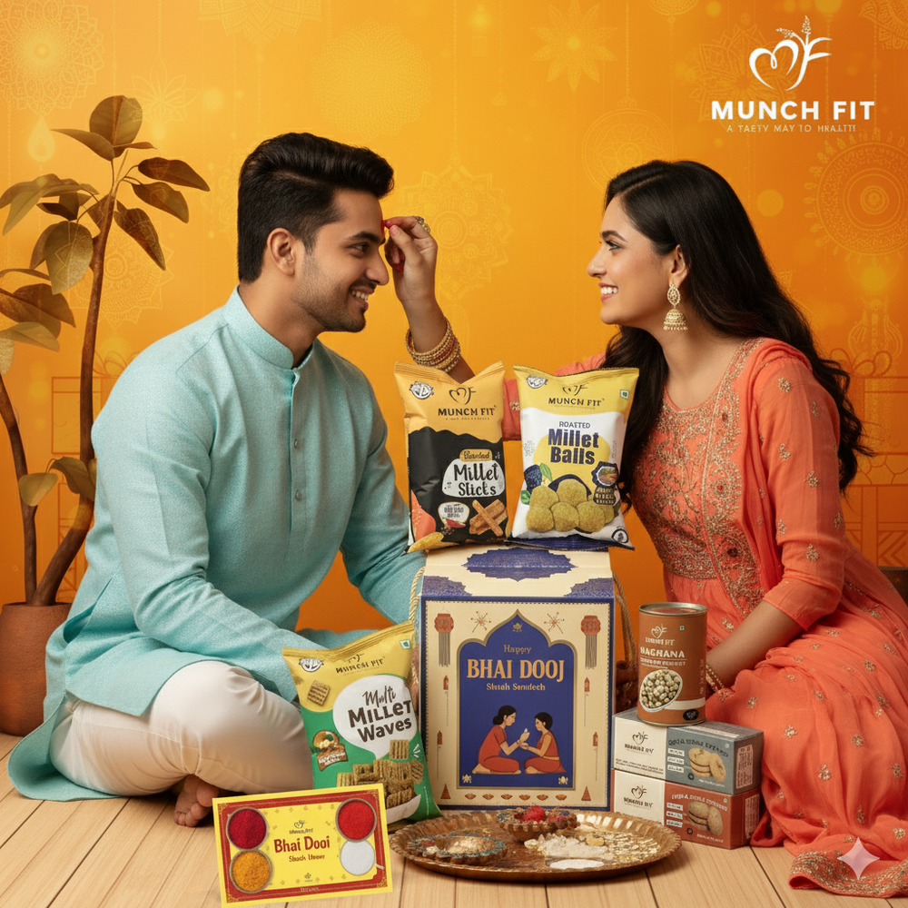 
                  
                    Munchfit Snacks & Cookies Gift Hamper for Bhai Dooj with Tikka Pack | Combo of 3 Healthy Snacks, 2 Cookies, Makhana Snacks | The perfect Bhai Dooj Gift Hamper for your Brother & Sister
                  
                
