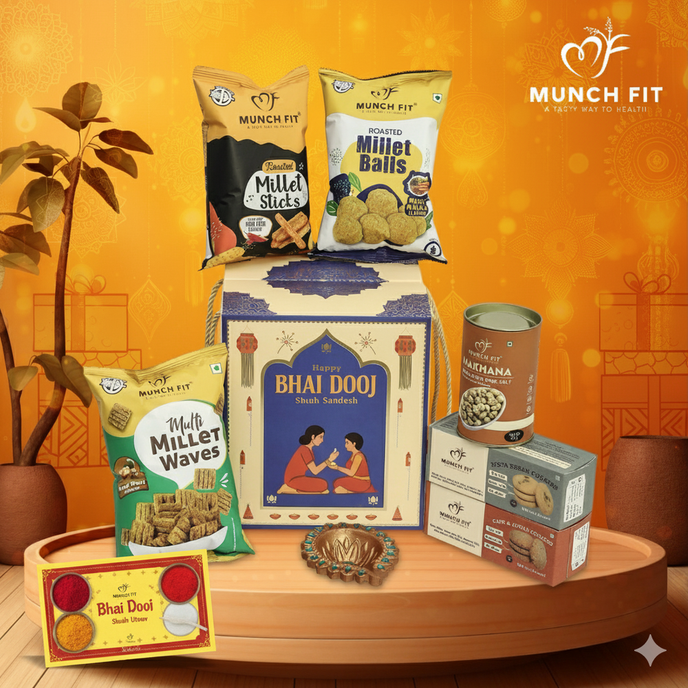 Munchfit Snacks & Cookies Gift Hamper for Bhai Dooj with Tikka Pack | Combo of 3 Healthy Snacks, 2 Cookies, Makhana Snacks | The perfect Bhai Dooj Gift Hamper for your Brother & Sister