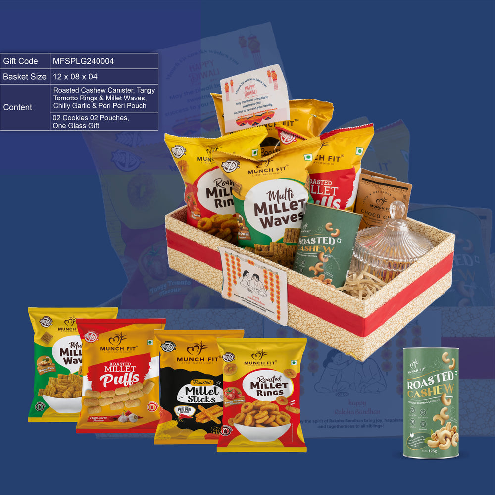 Munch Fit Special Gift Hamper Roasted cashew canister, Tangy Tomato rings & Millet waves, Chilli Garlic & Peri Peri pouch, Tahini cookies pouches