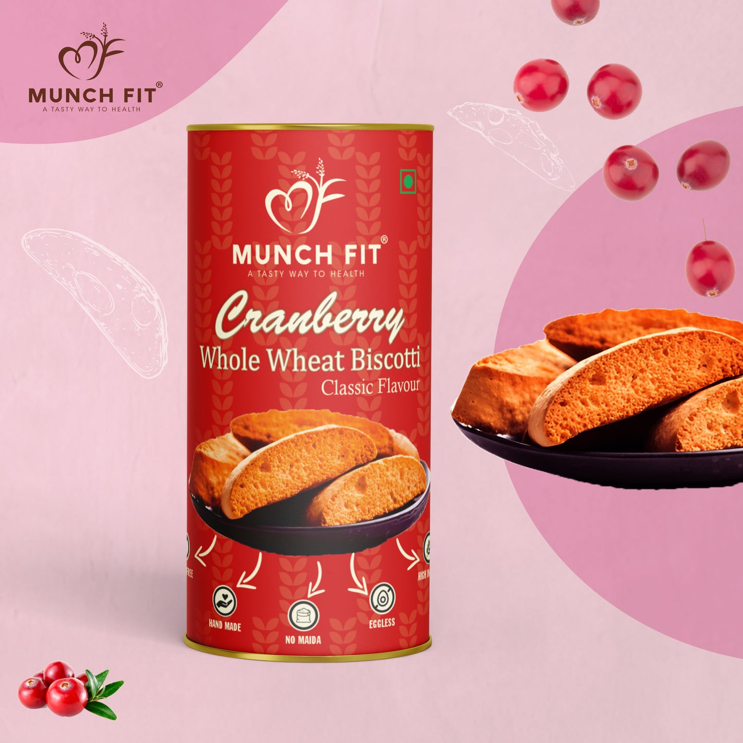 
                  
                    Munchfit Cranberry Whole Wheat Biscotti | Healthy, High Fiber, Eggless & Hand-Made Cookies | No Maida, Real Cranberries | Perfect Tea-Time Snack for All Ages | Pack of 2x100g
                  
                