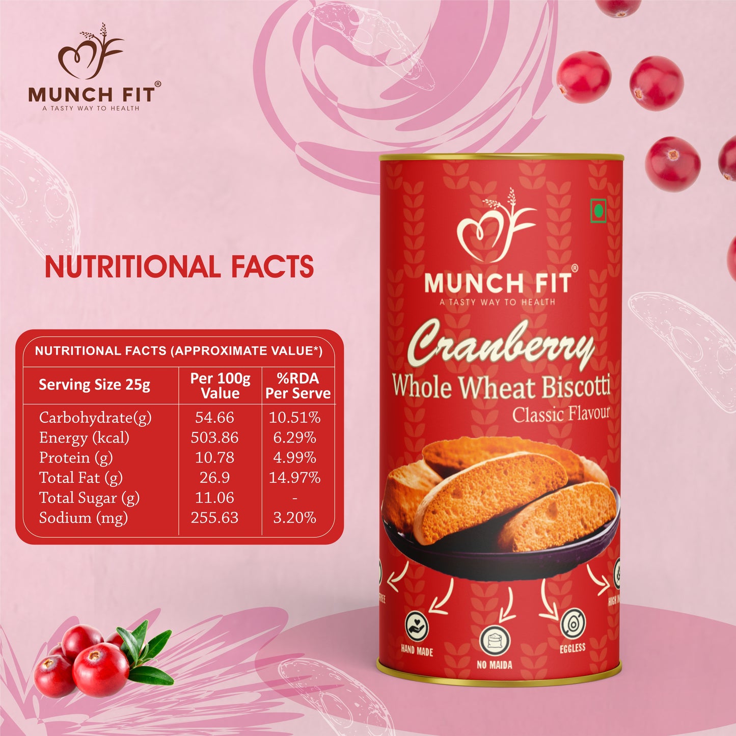 
                  
                    Munchfit Cranberry Whole Wheat Biscotti | Healthy, High Fiber, Eggless & Hand-Made Cookies | No Maida, Real Cranberries | Perfect Tea-Time Snack for All Ages | Pack of 2x100g
                  
                