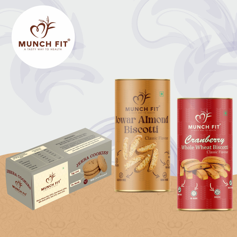 Combo Jowar Almonds Biscotti, Cranberry Whole Wheat Biscotti 2x100g each, Jeera Cookies 1x125g Pack
