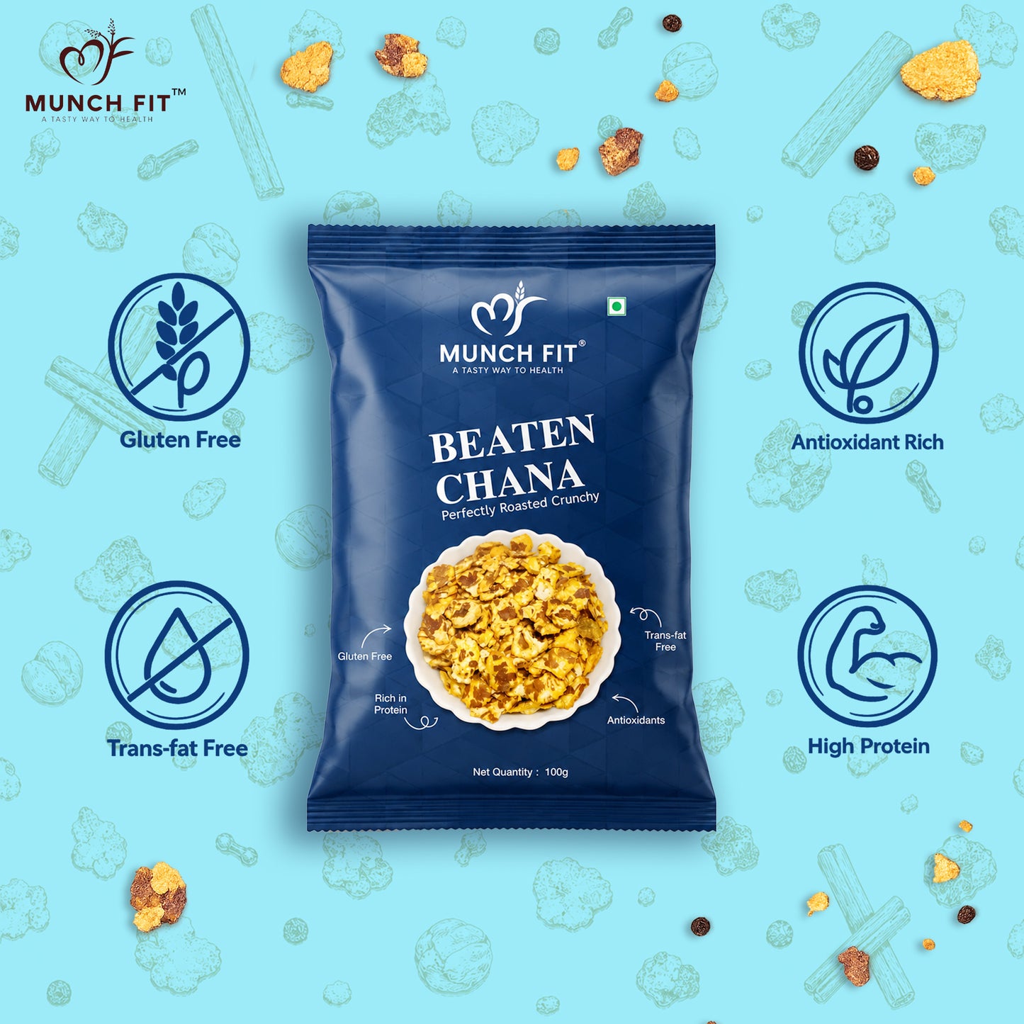 
                  
                    Munch Fit Beaten Chana Pack of 3 | Perfectly Roasted Crunchy Spiced Chickpeas | Gluten Free, High Protein, Trans Fat Free & Antioxidant Rich Healthy Snack | 300g (3x100g)
                  
                