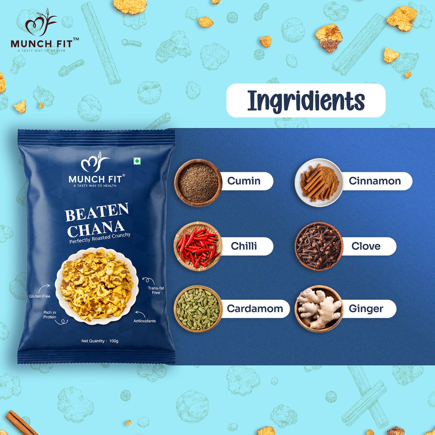 
                  
                    Munch Fit Beaten Chana Pack of 3 | Perfectly Roasted Crunchy Spiced Chickpeas | Gluten Free, High Protein, Trans Fat Free & Antioxidant Rich Healthy Snack | 300g (3x100g)
                  
                