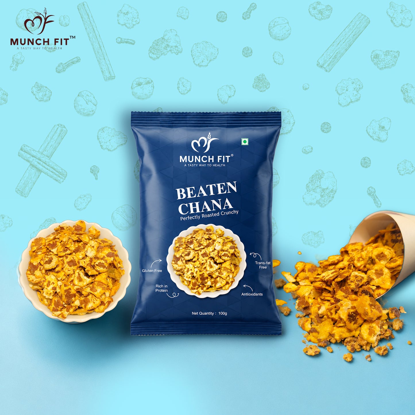 
                  
                    Munch Fit Beaten Chana Pack of 3 | Perfectly Roasted Crunchy Spiced Chickpeas | Gluten Free, High Protein, Trans Fat Free & Antioxidant Rich Healthy Snack | 300g (3x100g)
                  
                