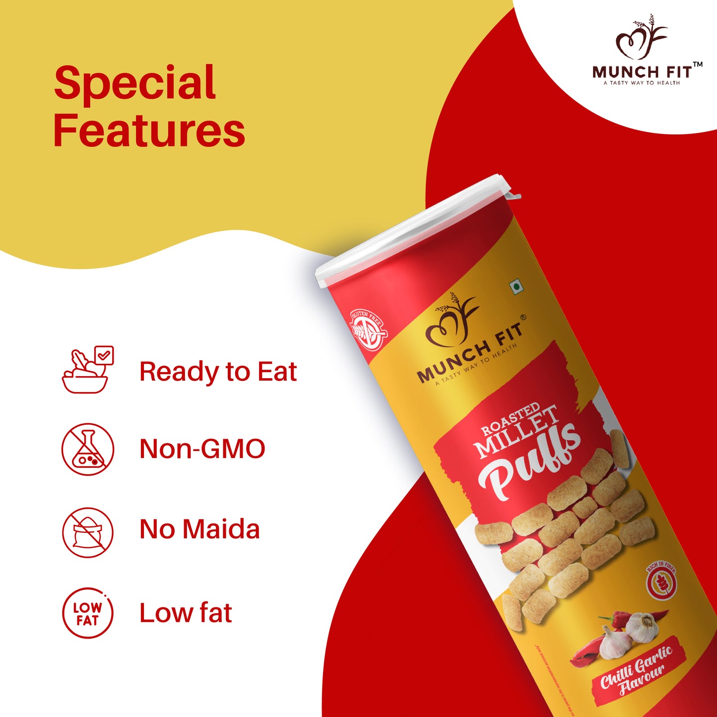 Munch Puffs MILLET PUFFS (CANISTER) - CHILI GARLIC FLAVOUR (MULTIPACK) – Munch Fit
