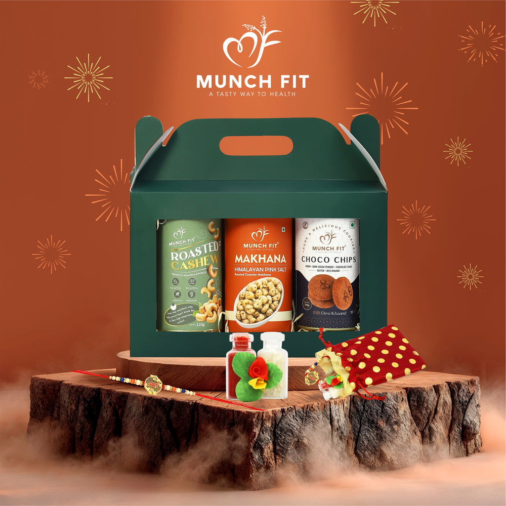 Munchfit Healthy Rakhi Gift Box | Healthy Assorted Combo of Roasted Cashew, Makhana & Choco Chip Cookies with Rakhi & Tikka Pack |Tasty & Crunchy Rakhi Gift Hamper for Brother & Sister