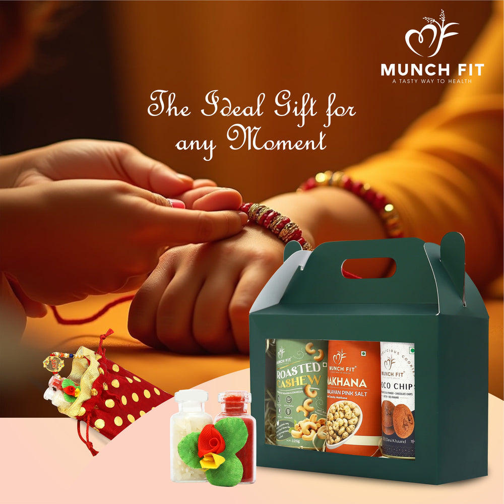 
                  
                    Munchfit Healthy Rakhi Gift Box | Healthy Assorted Combo of Roasted Cashew, Makhana & Choco Chip Cookies with Rakhi & Tikka Pack |Tasty & Crunchy Rakhi Gift Hamper for Brother & Sister
                  
                