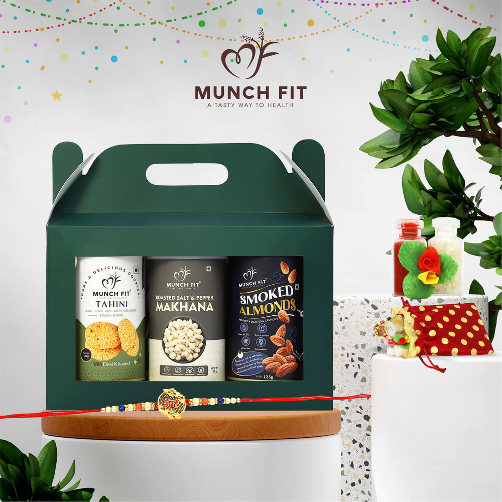 Munchfit Rakhi Gift Hamper | Healthy Assorted Combo of Tahini Cookies, Roasted Salte & Pepper Makhana & Smoked Almonds with Premium Rakhi & Tikka Pack | Perfect Rakhi Gift Hamper for Brother & Sister