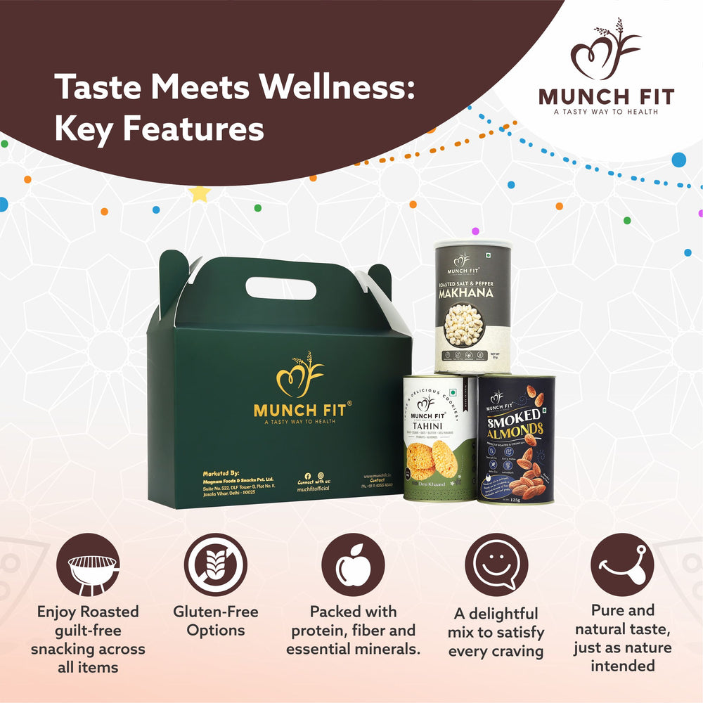 
                  
                    Munchfit Rakhi Gift Hamper | Healthy Assorted Combo of Tahini Cookies, Roasted Salte & Pepper Makhana & Smoked Almonds with Premium Rakhi & Tikka Pack | Perfect Rakhi Gift Hamper for Brother & Sister
                  
                