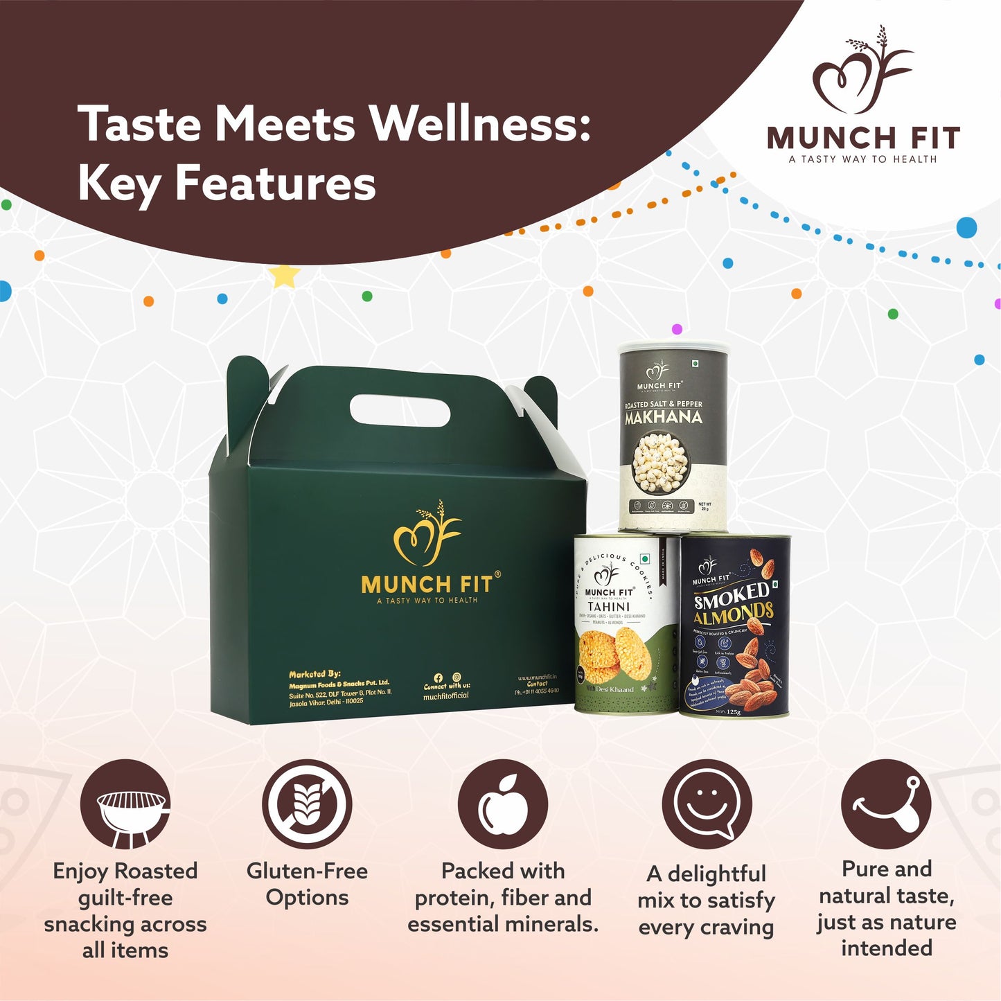 
                  
                    Munchfit Rakhi Gift Hamper | Healthy Assorted Combo of Tahini Cookies, Roasted Salte & Pepper Makhana & Smoked Almonds with Premium Rakhi & Tikka Pack | Perfect Rakhi Gift Hamper for Brother & Sister
                  
                
