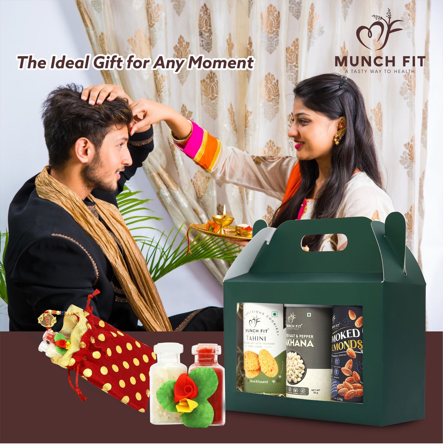 
                  
                    Munchfit Rakhi Gift Hamper | Healthy Assorted Combo of Tahini Cookies, Roasted Salte & Pepper Makhana & Smoked Almonds with Premium Rakhi & Tikka Pack | Perfect Rakhi Gift Hamper for Brother & Sister
                  
                