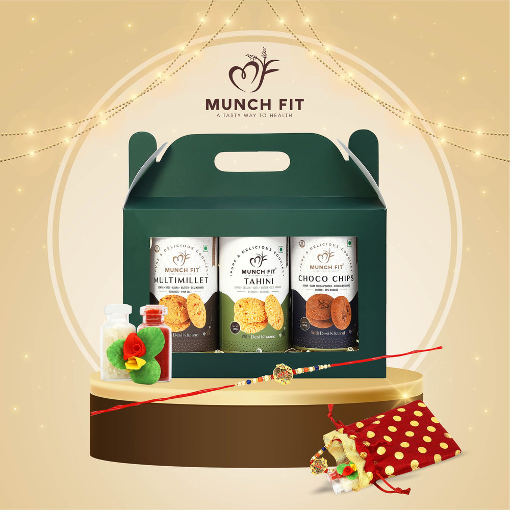 Munchfit Rakhi Cookies Gift Box | Healthy Assorted Cookies of 3 Varieties | Choco Chip, Multi Millet & Tahini Cookies | Tasty, Healthy & Crunchy Raksha Bandhan Cookies Hamper | Pack of 1x125g each