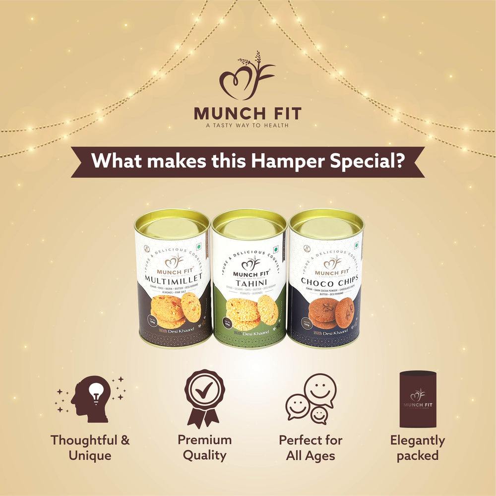 
                  
                    Munchfit Rakhi Cookies Gift Box | Healthy Assorted Cookies of 3 Varieties | Choco Chip, Multi Millet & Tahini Cookies | Tasty, Healthy & Crunchy Raksha Bandhan Cookies Hamper | Pack of 1x125g each
                  
                