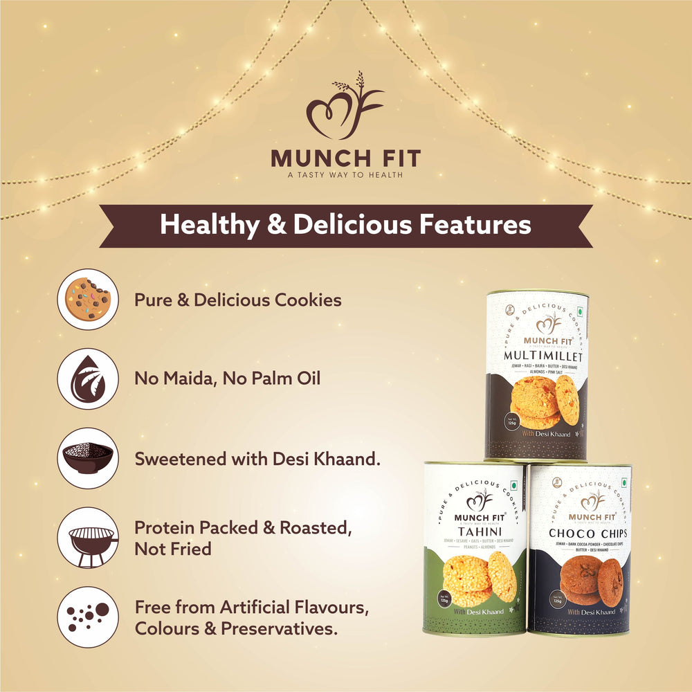 
                  
                    Munchfit Rakhi Cookies Gift Box | Healthy Assorted Cookies of 3 Varieties | Choco Chip, Multi Millet & Tahini Cookies | Tasty, Healthy & Crunchy Raksha Bandhan Cookies Hamper | Pack of 1x125g each
                  
                