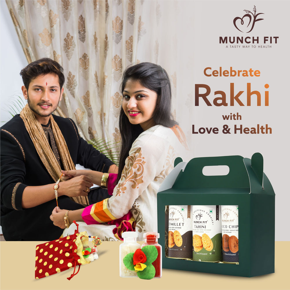 
                  
                    Munchfit Rakhi Cookies Gift Box | Healthy Assorted Cookies of 3 Varieties | Choco Chip, Multi Millet & Tahini Cookies | Tasty, Healthy & Crunchy Raksha Bandhan Cookies Hamper | Pack of 1x125g each
                  
                