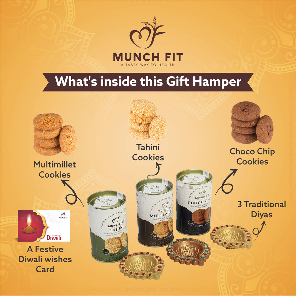 
                  
                    Munchfit Diwali Cookies Gift Hamper with 3 Diyas | Healthy Assorted Cookies of 3 Varieties | Choco Chip, Multi Millet & Tahini Cookies | Tasty & Crunchy Cookies Diwali Gift Box | Pack of 1x125g each
                  
                