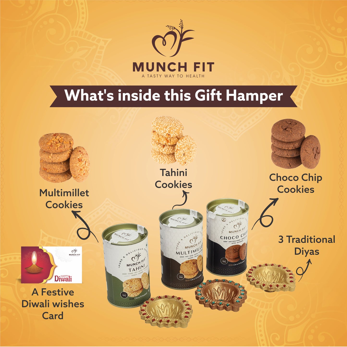
                  
                    Munchfit Diwali Cookies Gift Hamper with 3 Diyas | Healthy Assorted Cookies of 3 Varieties | Choco Chip, Multi Millet & Tahini Cookies | Tasty & Crunchy Cookies Diwali Gift Box | Pack of 1x125g each
                  
                