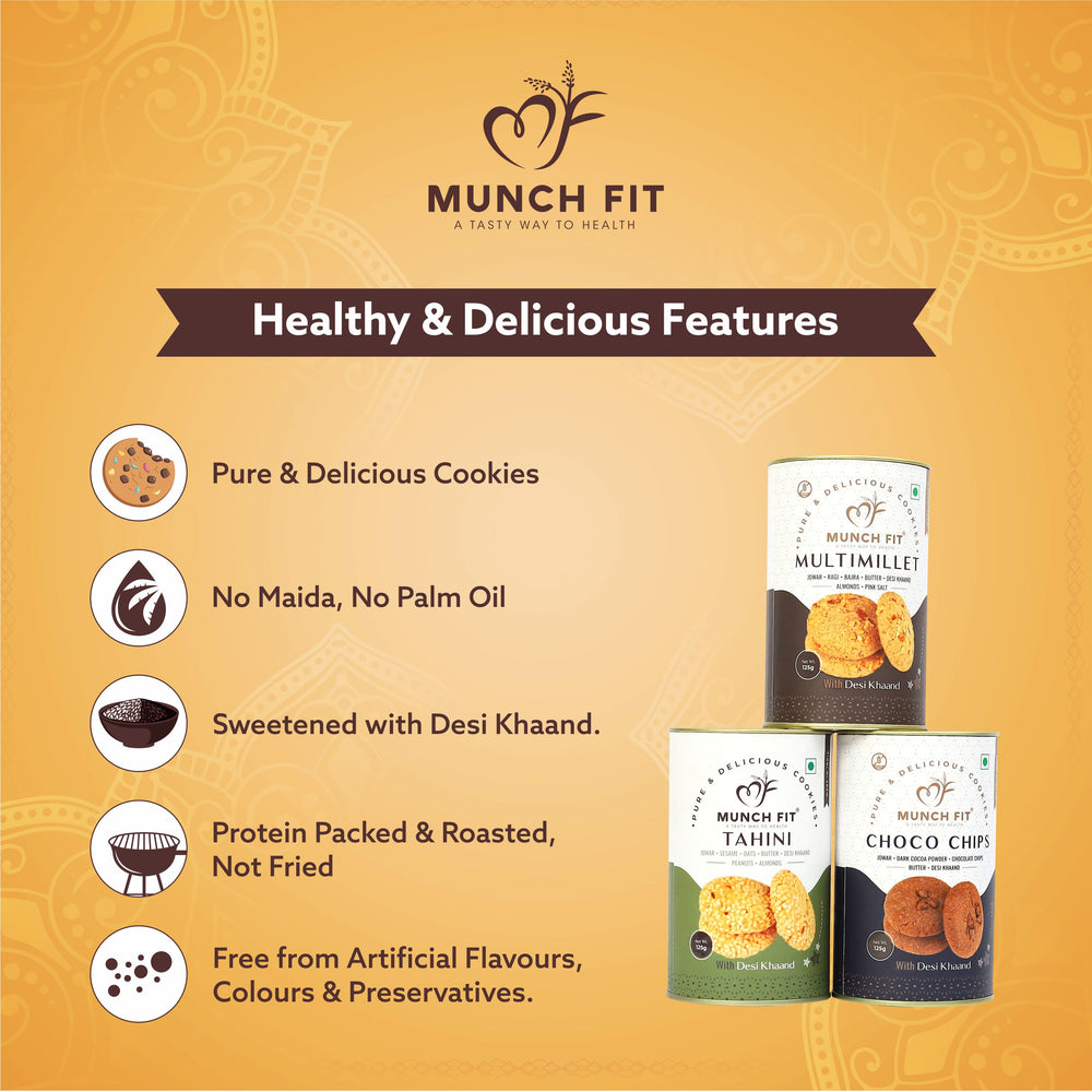 
                  
                    Munchfit Diwali Cookies Gift Hamper with 3 Diyas | Healthy Assorted Cookies of 3 Varieties | Choco Chip, Multi Millet & Tahini Cookies | Tasty & Crunchy Cookies Diwali Gift Box | Pack of 1x125g each
                  
                