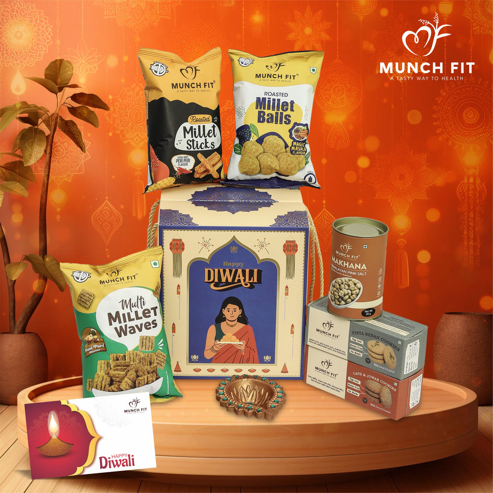 Munchfit Snacks & Cookies Gift Hamper for Diwali | Combo of 3 Healthy Snacks, 2 Cookies, Makhana Snacks with Beautiful Diya & Diwali Wishes Card | The perfect premium gift box for your loved ones