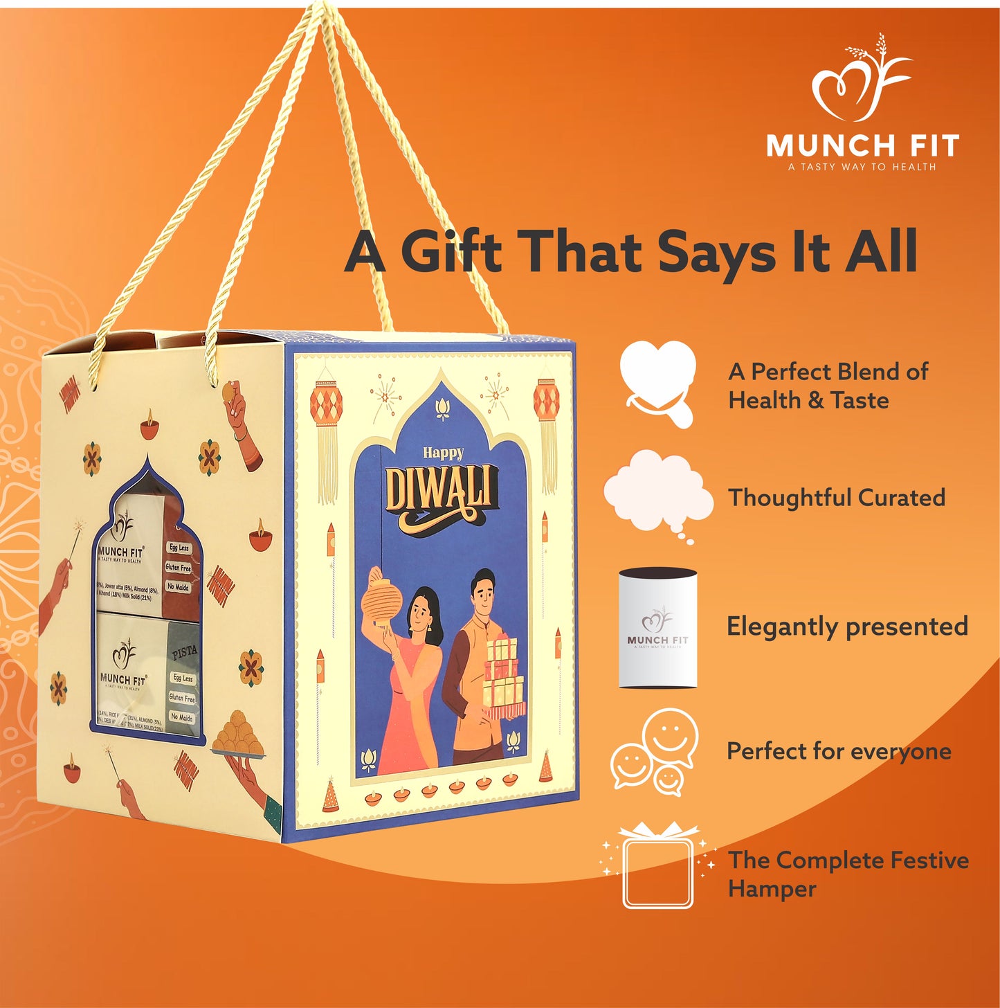 
                  
                    Munchfit Snacks & Cookies Gift Hamper for Diwali | Combo of 3 Healthy Snacks, 2 Cookies, Makhana Snacks with Beautiful Diya & Diwali Wishes Card | The perfect premium gift box for your loved ones
                  
                