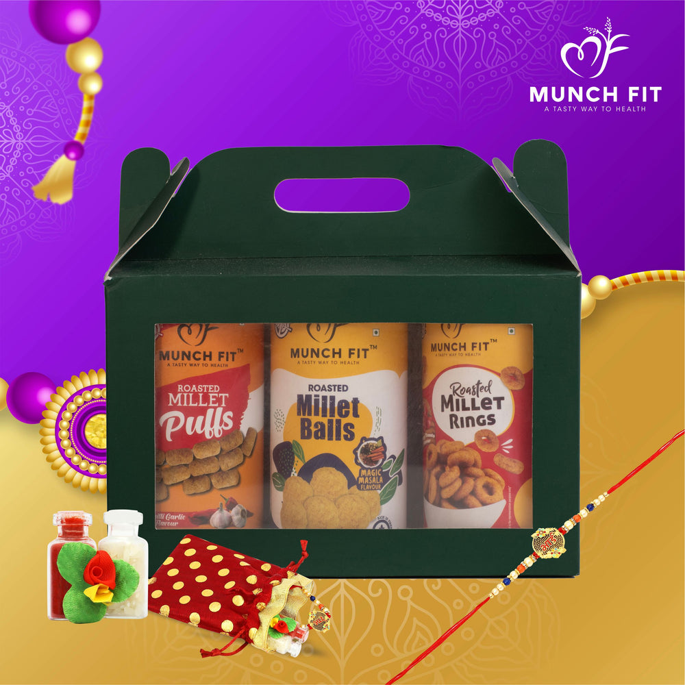 Munchfit Healthy Rakhi Gift Hamper | Combo of 3 Varieties of Tasty, Healthy Snacks & Puffs | Magic Masala, Chilli Garlic & Tangy Tomato | Perfect Rakhi Gift for Brother & Sister |Pack of 1x30g each