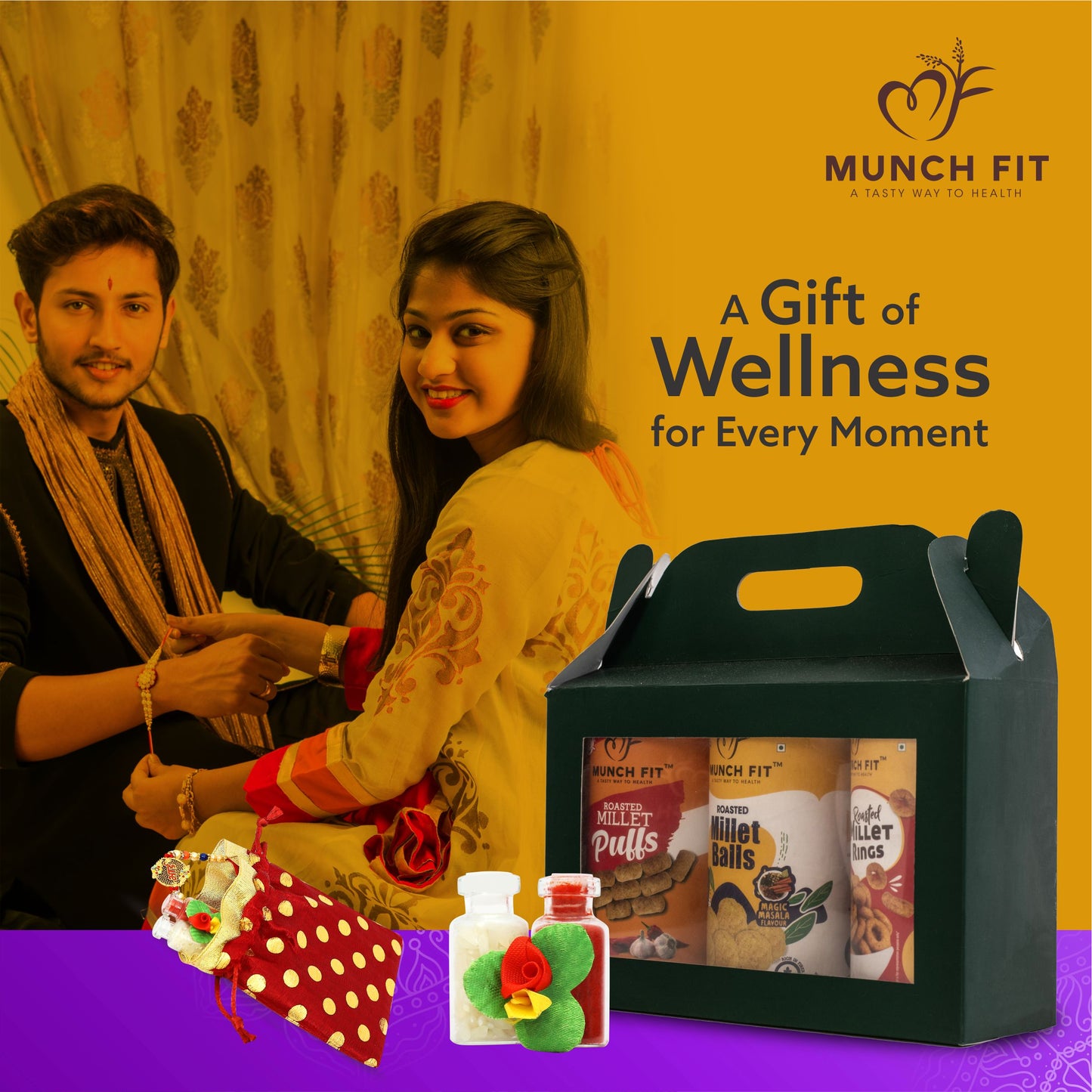 
                  
                    Munchfit Healthy Rakhi Gift Hamper | Combo of 3 Varieties of Tasty, Healthy Snacks & Puffs | Magic Masala, Chilli Garlic & Tangy Tomato | Perfect Rakhi Gift for Brother & Sister |Pack of 1x30g each
                  
                