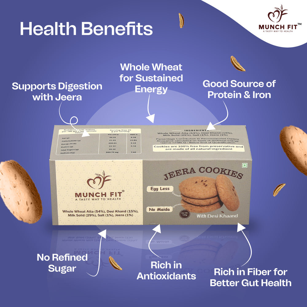 
                  
                    Munch Fit Healthy, Tasty & Crunchy Jeera Cookies | No Maida, Eggless, No Refined Sugar | Protein & Fibre Packed Biscuits | Pack of 3x125g
                  
                