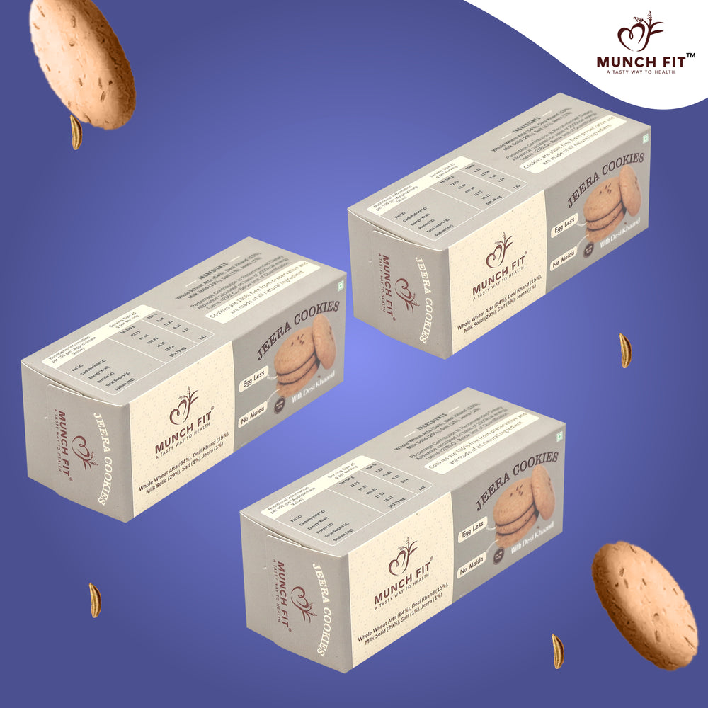 Munch Fit Healthy, Tasty & Crunchy Jeera Cookies | No Maida, Eggless, No Refined Sugar | Protein & Fibre Packed Biscuits | Pack of 3x125g