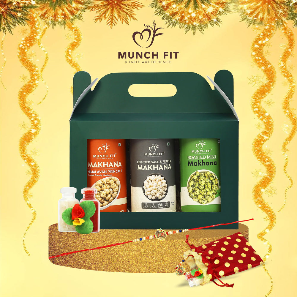 Munchfit Healthy Roasted Makhana Gift Hamper for Rakhi | Combo of 3 Healthy Roasted Makhana Snacks with Premium Rakhi & Tikka Pack for Brother | Healthy Raksha Bandhan Gift Box for Brother & Sister