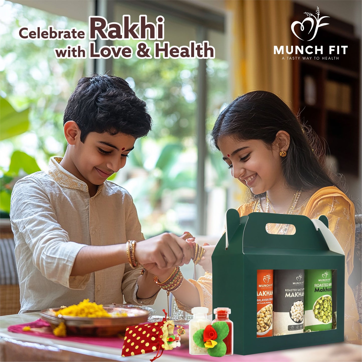 
                  
                    Munchfit Healthy Roasted Makhana Gift Hamper for Rakhi | Combo of 3 Healthy Roasted Makhana Snacks with Premium Rakhi & Tikka Pack for Brother | Healthy Raksha Bandhan Gift Box for Brother & Sister
                  
                