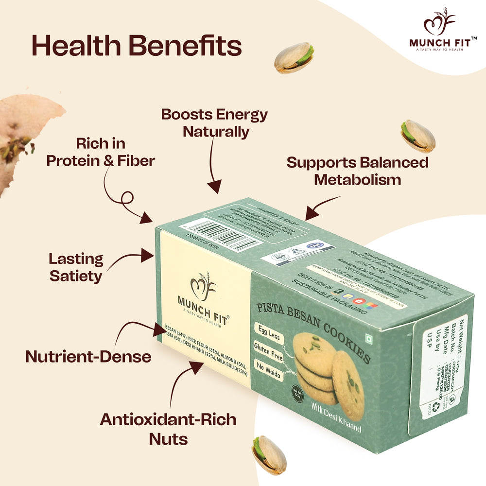 
                  
                    Munch Fit Tasty, Healthy & Crunchy Pista Besan Cookies | Gluten Free, No Maida & Sugarfree Cookies | Pista Almonds Biscuits | High Fibre, Protein & Iron Rich | Pack of 3x125g
                  
                