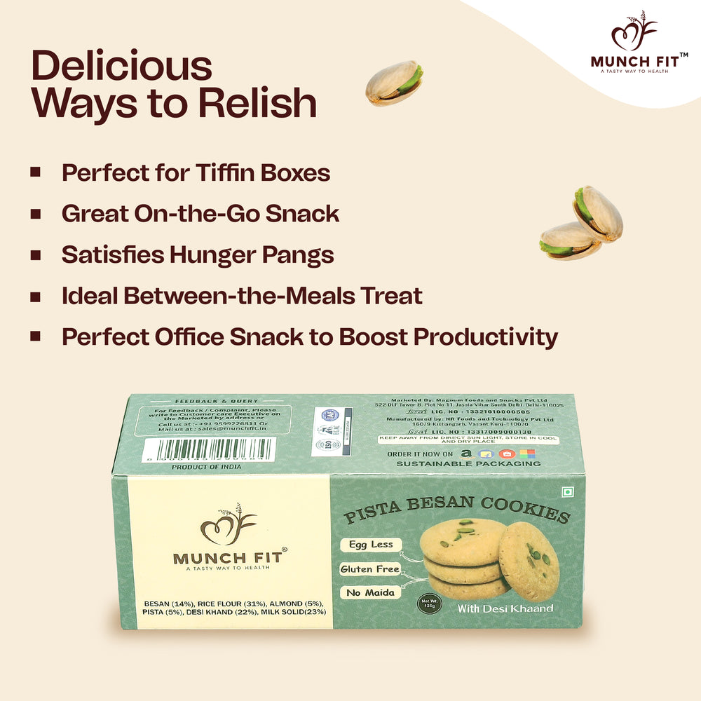 
                  
                    Munch Fit Tasty, Healthy & Crunchy Pista Besan Cookies | Gluten Free, No Maida & Sugarfree Cookies | Pista Almonds Biscuits | High Fibre, Protein & Iron Rich | Pack of 3x125g
                  
                