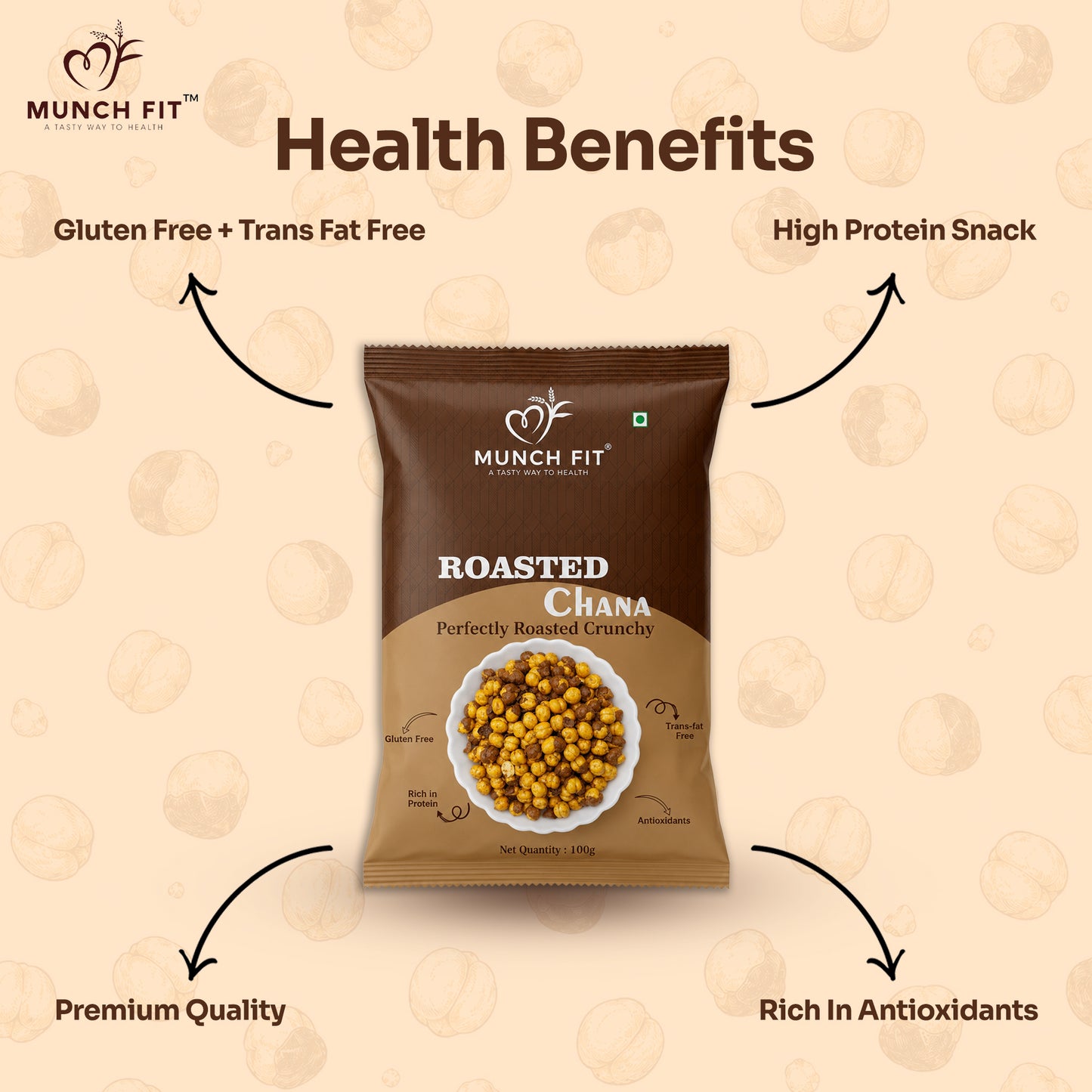 
                  
                    Munch Fit Roasted Chana 100g (Pack of 3) | 300g Total | Perfectly Roasted Crunchy Chickpeas | High Protein, Gluten Free, Trans Fat Free, Antioxidants Rich | Masala Spiced Healthy Namkeen Snack
                  
                