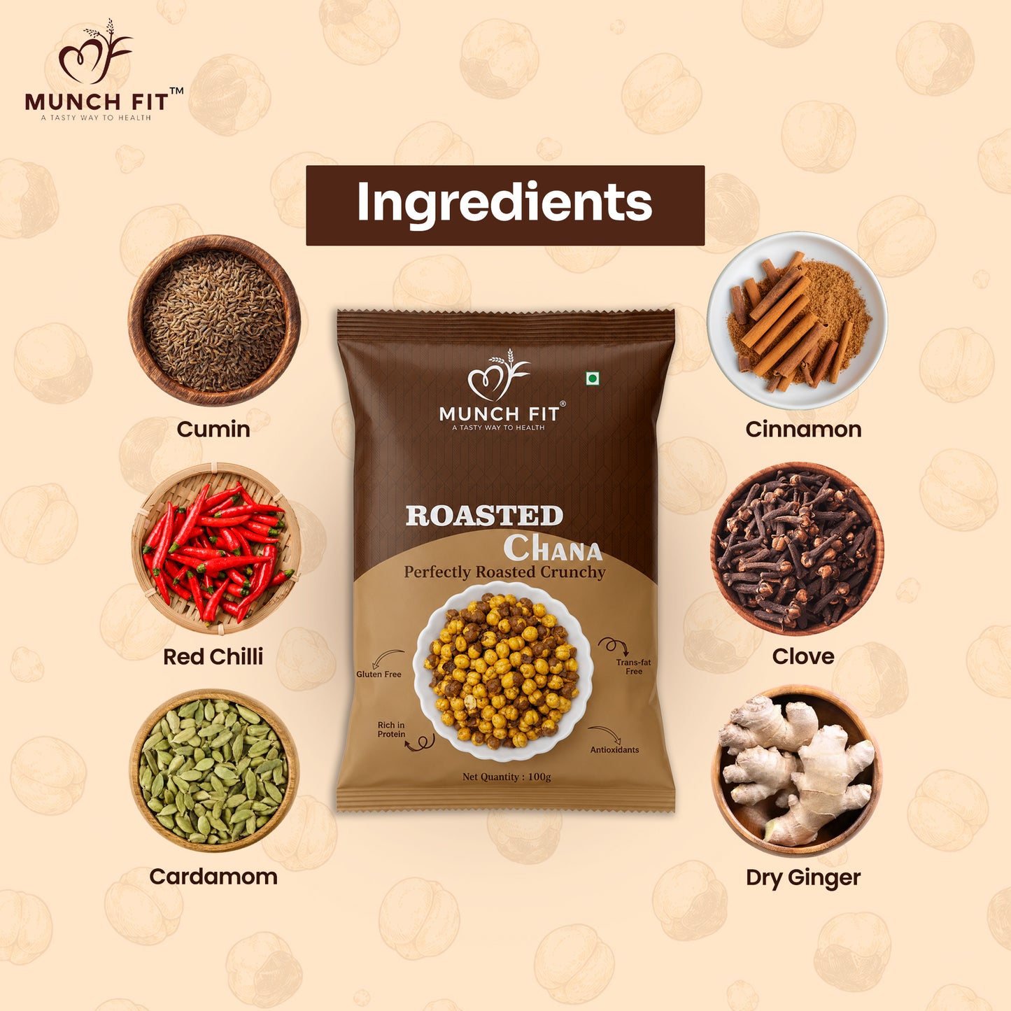 
                  
                    Munch Fit Roasted Chana 100g (Pack of 3) | 300g Total | Perfectly Roasted Crunchy Chickpeas | High Protein, Gluten Free, Trans Fat Free, Antioxidants Rich | Masala Spiced Healthy Namkeen Snack
                  
                