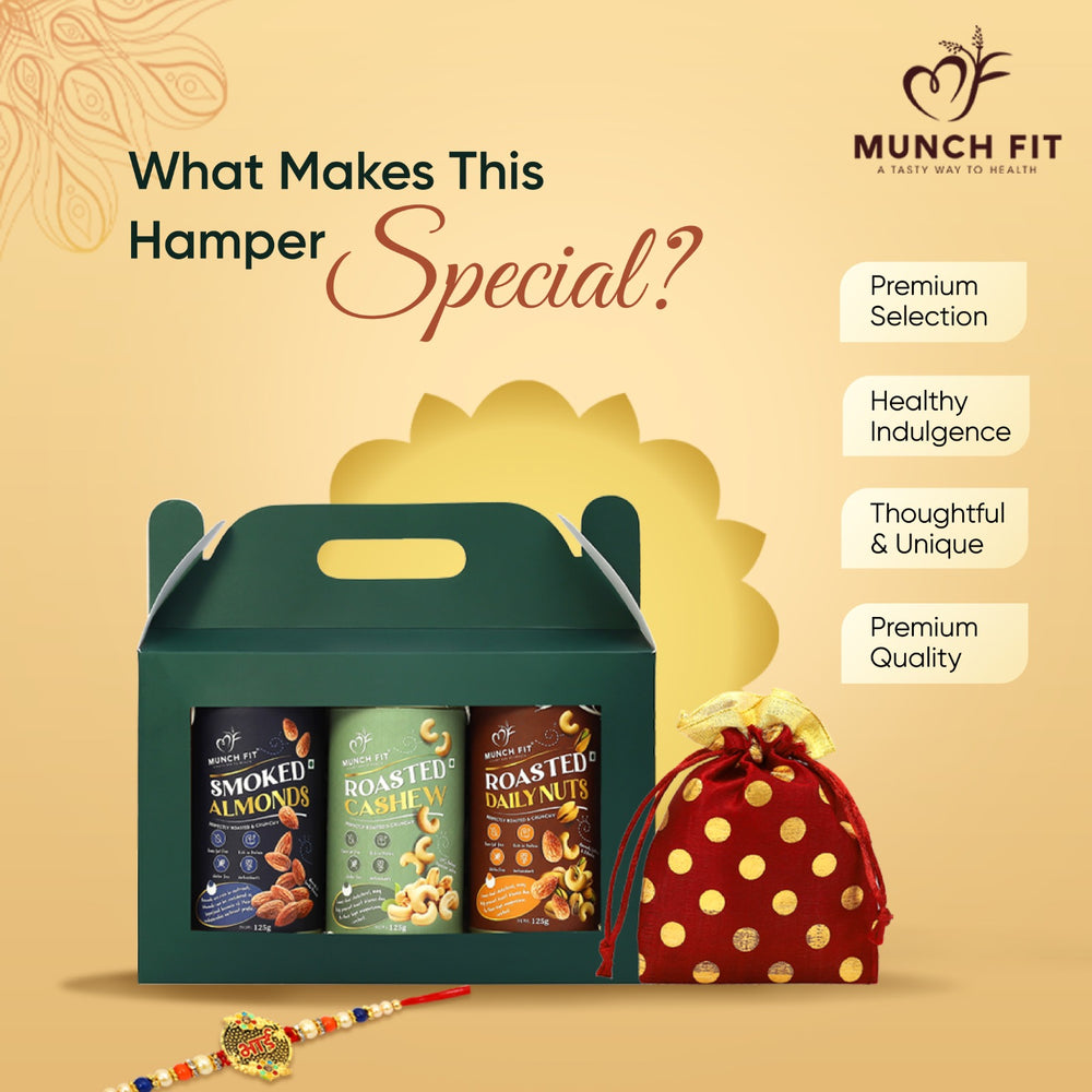 Munchfit Rakhi Gift Box | Healthy Assorted Roasted Nuts of 3 Varieties | Smoked Almonds, Roasted Cashew & Roasted Daily Nuts | Tasty, Healthy & Crunchy Raksha Bandhan Nuts Hamper | Pack of 1x125g each