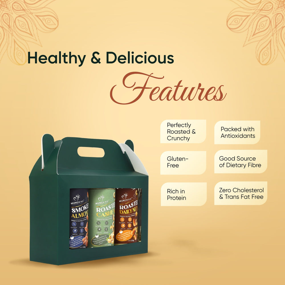 
                  
                    Munchfit Rakhi Gift Box | Healthy Assorted Roasted Nuts of 3 Varieties | Smoked Almonds, Roasted Cashew & Roasted Daily Nuts | Tasty, Healthy & Crunchy Raksha Bandhan Nuts Hamper | Pack of 1x125g each
                  
                